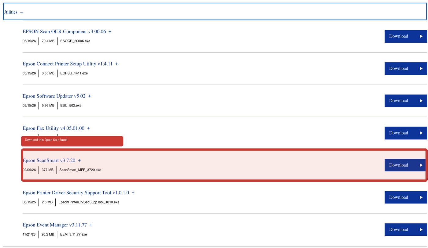 Epson ET-16600 downloads page on Windows — the Utilities list is open and the Epson ScanSmart v3.7.20 row is highlighted with a red box labelled 'Download this: Epson ScanSmart', with a blue Download button on the same row.