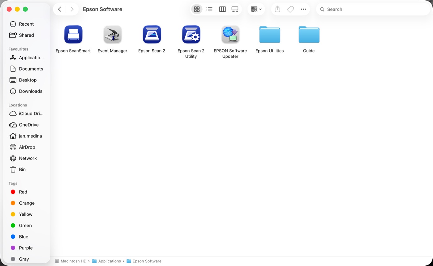 macOS Finder showing the Applications > Epson Software folder. Epson ScanSmart is the first blue scanner icon, followed by Event Manager, Epson Scan 2, Epson Scan 2 Utility, EPSON Software Updater, Epson Utilities, and Guide.